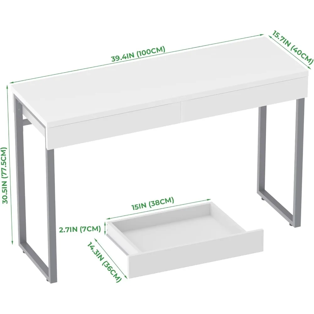 Vanity Desk with 2 Drawers,Glossy Desktop White Desk for Bedroom,Makeup Table with Storage Space,Small Desk for Home