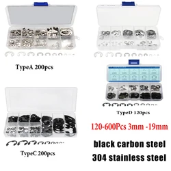 120-600Pcs 3mm -19mm 304 Stainless Steel E Clip washer Assortment Kit Circlip retaining ring for shaft fastener