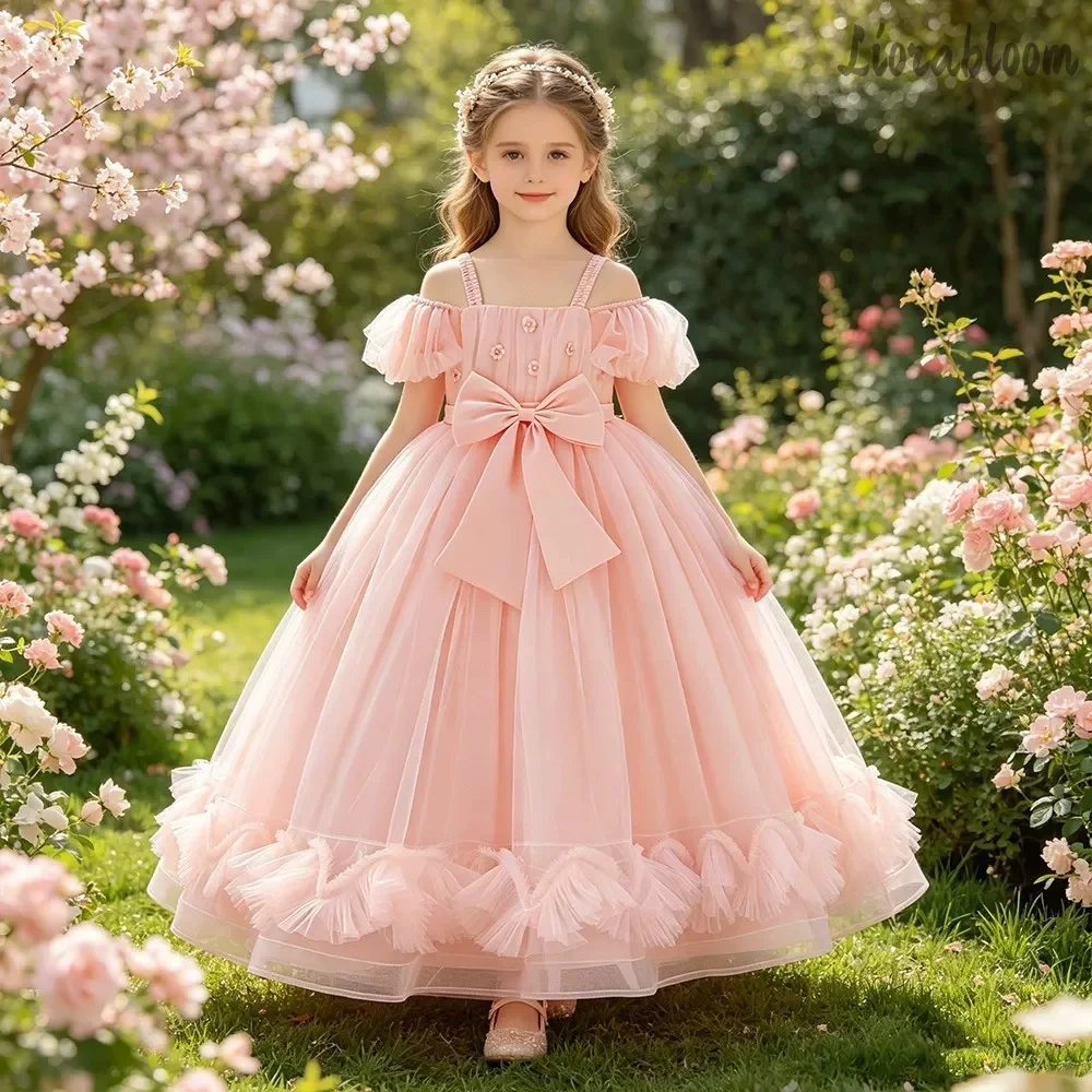 

Girls' Pink Gown Extra Wide Hem Elegant Evening Dress Floral Adorned Skirt Princess Style Party Dress Flower Girl Attire Wedding