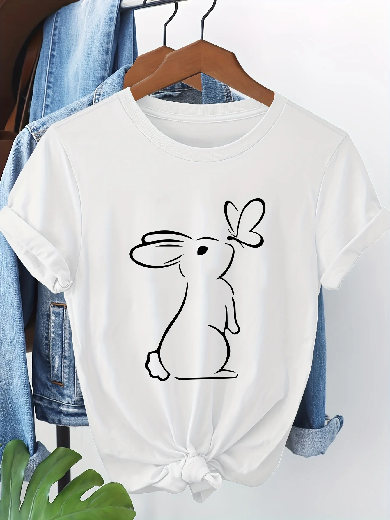 Graphic Tee Women's Casual Short Sleeve T-Shirt Cartoon Cute Rabbit Butterfly Graphic Print Round Neck Summer Woman Clothing