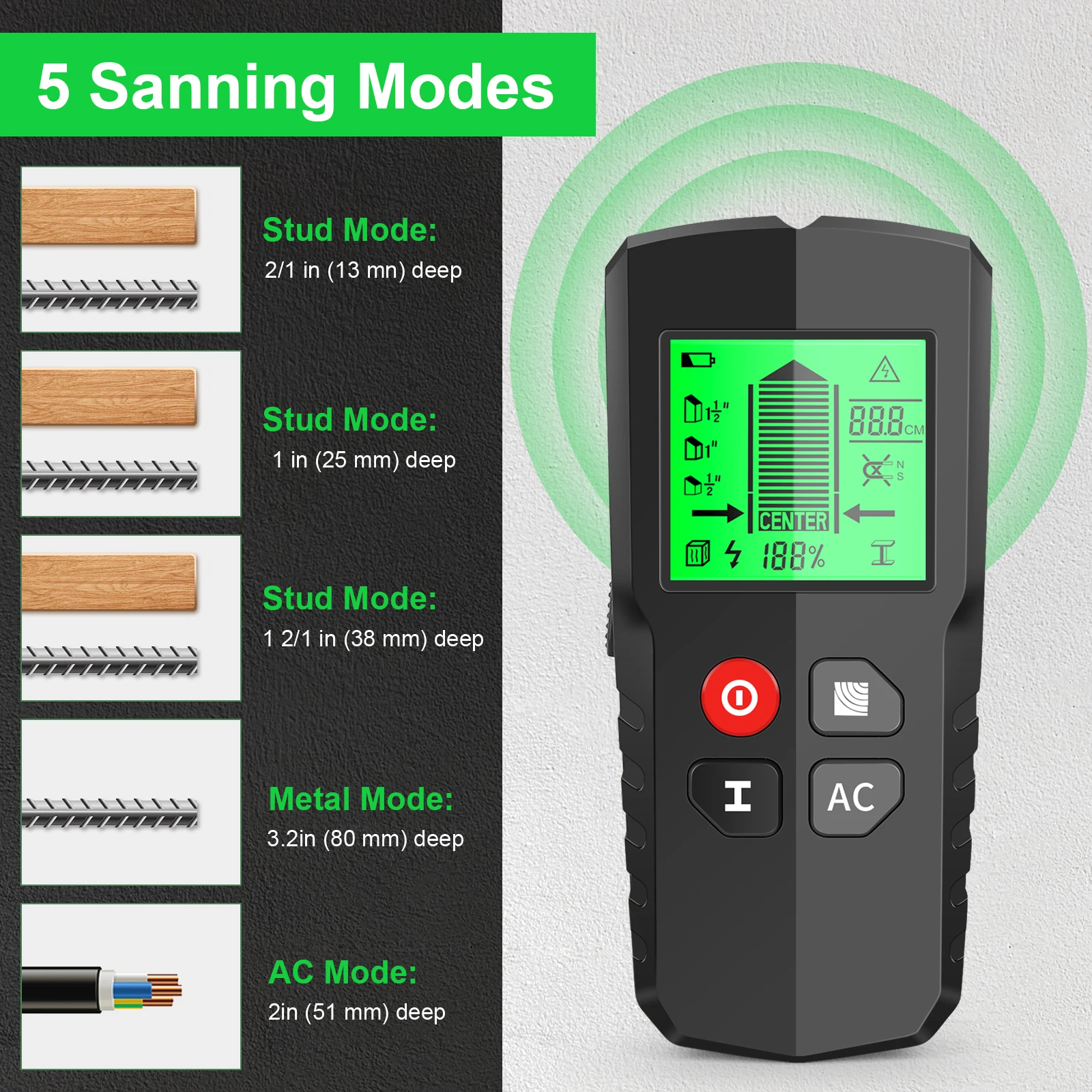 

5 Modes Wall Scanner Stud Finder Depth Sensor Metal Detector Wood Stud AC Live Cable Wires Scanner Center and Positioning Tool