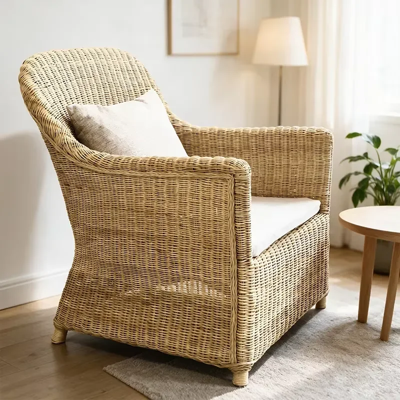 Natural Armchair Wicker Living Room Accent Chair Sturdy Durable Indoor Outdoor Leisure Lounge Chair