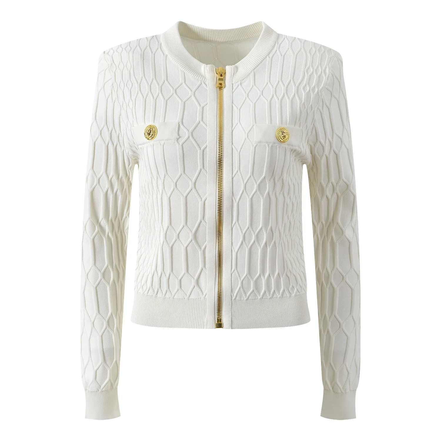 Version haut de gamme parisienne luxe géométrique or bleu fermeture éclair tricoté rond Ne ouvert Cardigan femmes Faion vêtements d'extérieur