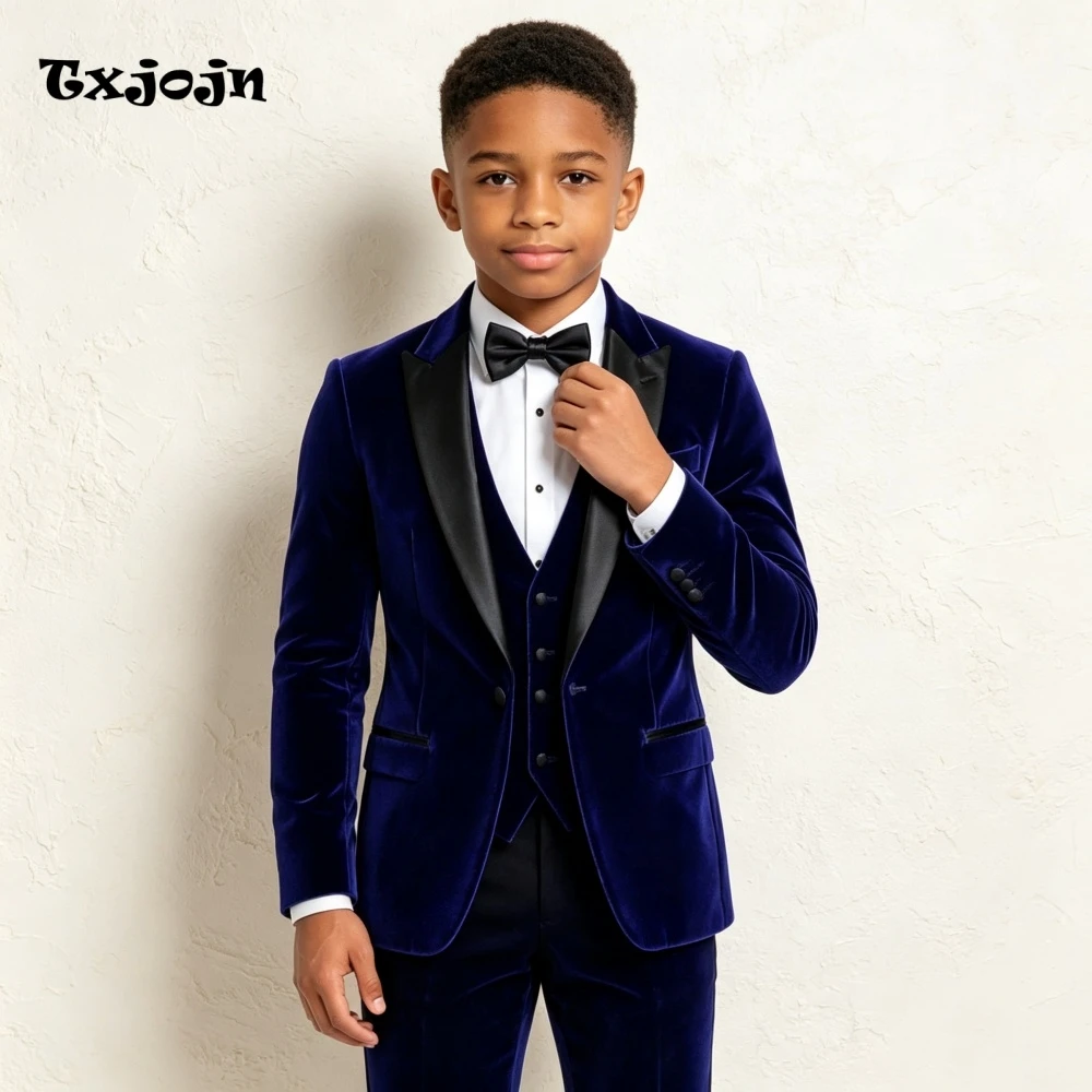 Formal Suit for Boys Wedding Tuxedo 3 Piece Classic Velvet Dark Blue Jacket Pants Vest Kids Blazer Set Slim Fit Tailored Outfit