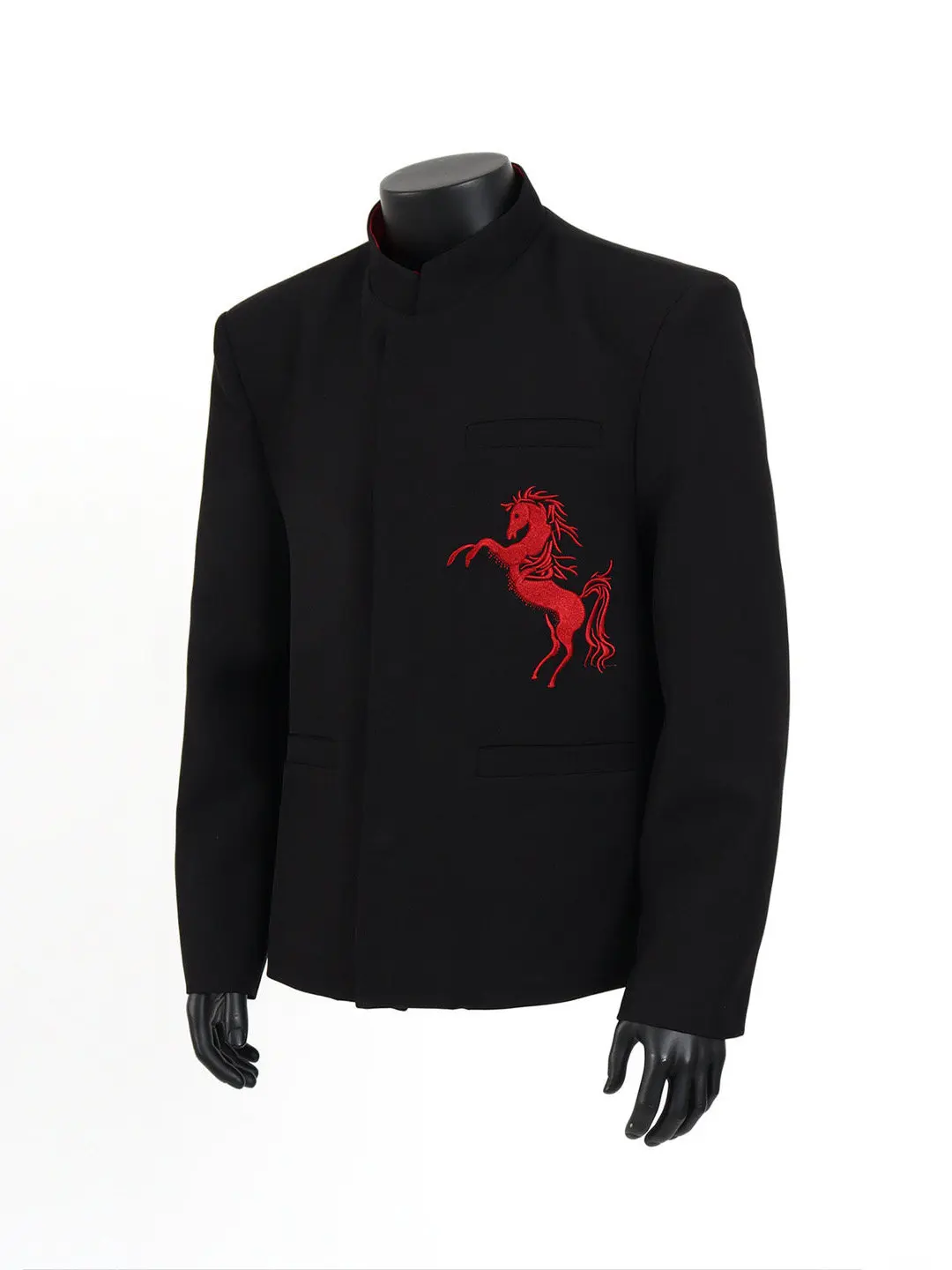 

New Chinese Style Short Tailored Jacket Men's Casual Black Embroidered Shirt Stand Collar Breathable Polyester Fiber