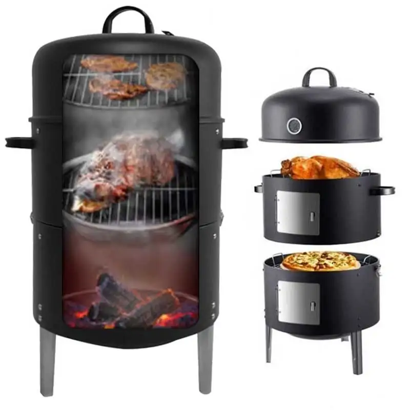 3 Layers Multifunctional BBQ Smoker Grill  Outdoor Charcoal Barbecue Grill SmokIing Tower Vertical Barrel Smoked Barbecue Grills