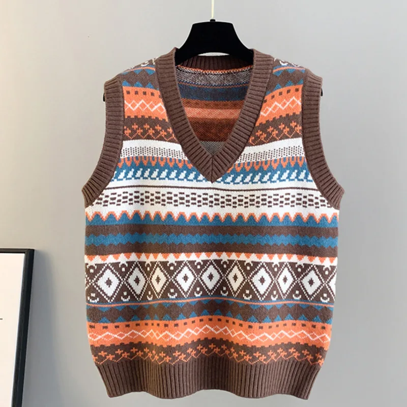 #3907 Knitted Vest Waistcoat Women V-neck Slim Vintage Sweater Vest Female Plaid Striped Sleeveless Short Vest Pullovers Autumn