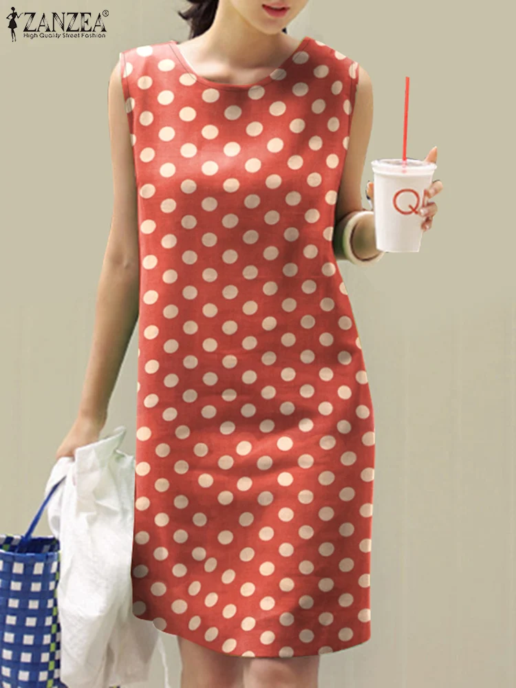 ZANZEA 여성용 여름 물방울 무늬 원피스 민소매 비치 선드레스, 캐주얼 휴일 복장, O넥 탱크 로브, Sarafans 패션