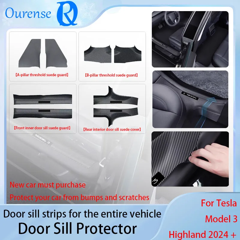 For Tesla Model 3 Highland 2024 + Front Rear Door Sill Guard Anti Scratch Dirt Resistant Threshold Strips Interior Accessories