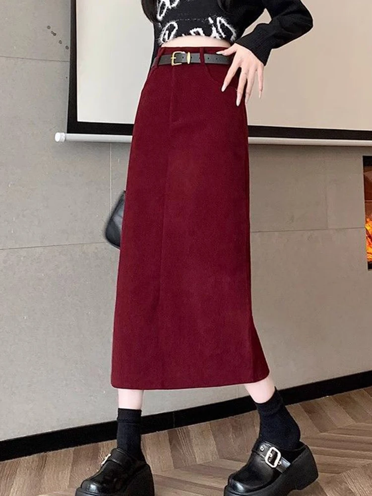 Zoki Retro Belt Red Corduroy Skirts Women High Waist Slim Sweet Midi Skirt Fall Winter Vintage Lady Elegant Slit Korean Skirts