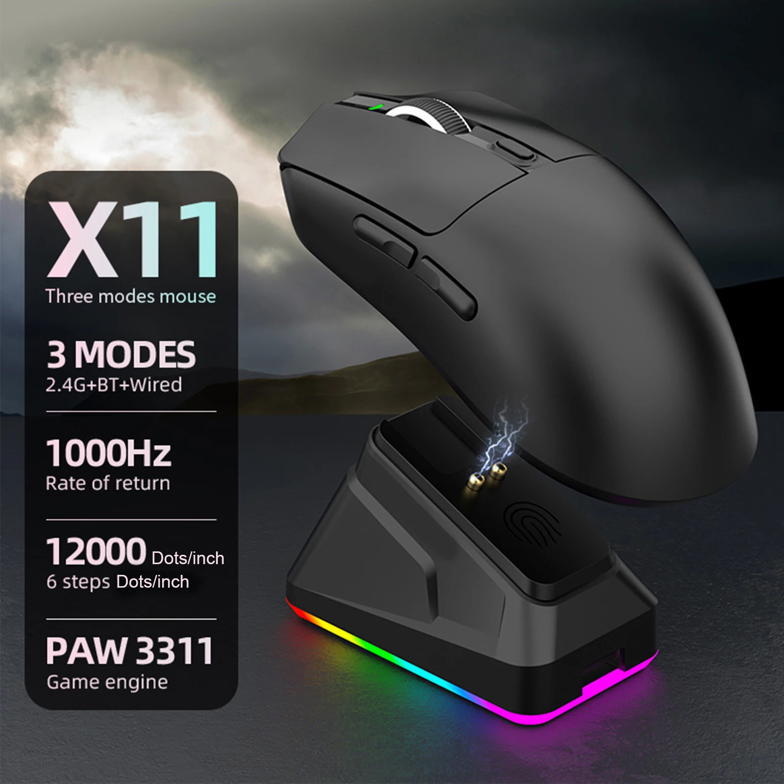

Gaming Mouse with Charging Dock Lightweight Gaming Mouse RGB Light Three-Mode Connection with Wireless Charging Base