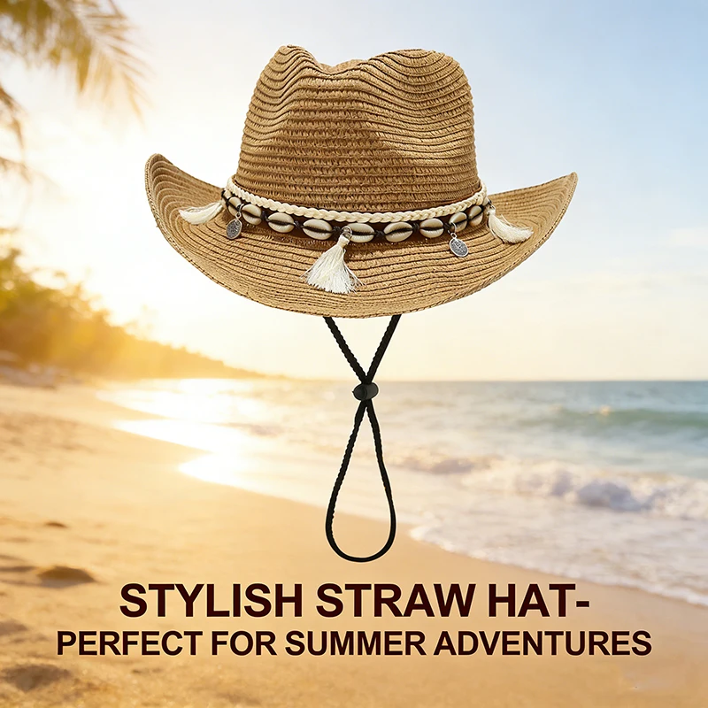European and American men's and women's fashion shell tassel decorated beach sand vacation sun hat with ethnic style and western