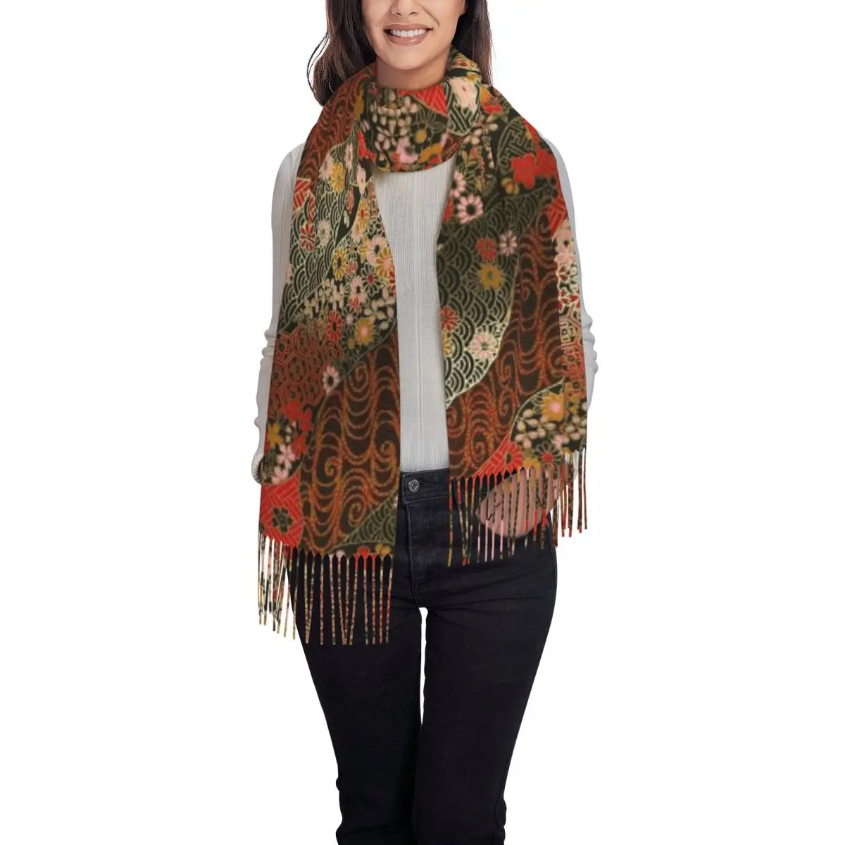 Japonês quimono padrão cachecol borla cachecóis feminino macio quente xales e envoltórios grande outono inverno xale envoltório