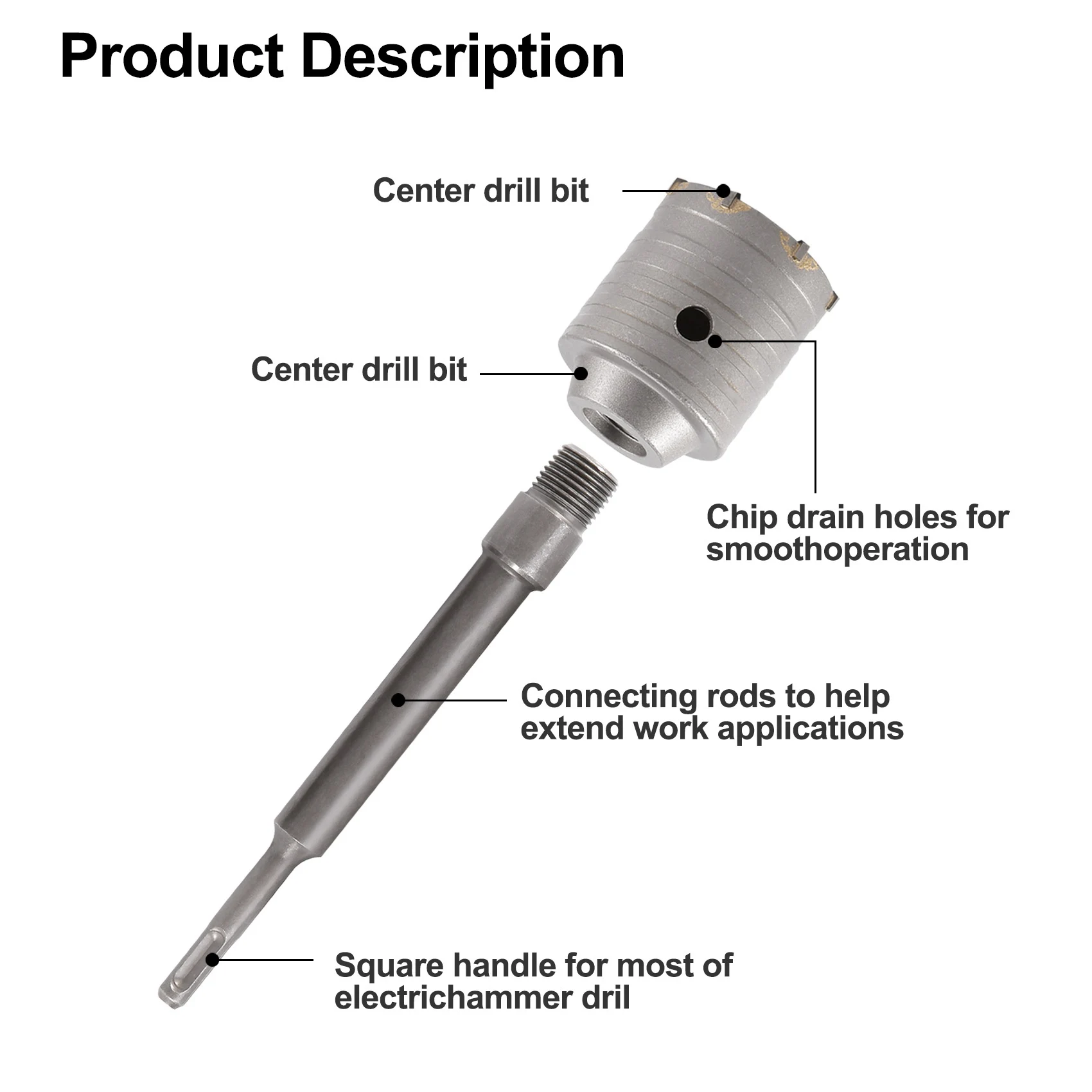 

N84R Concrete Hole Saw Kits SDS Plus Shank Wall Hole Cutter Cement Drill Bit Sets(30, 40, 60Mm), With 220Mm Connecting Rod