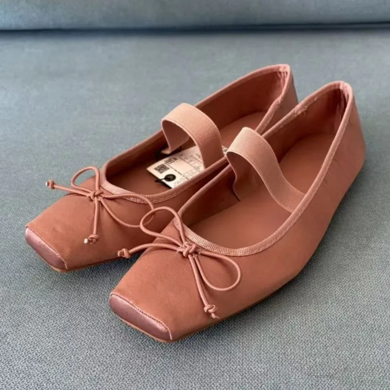 

Soft Sole Women Ballet Flats High Quality Satin Shallow Mouth Autumn 2025 Square Toe Brand Designer Butterfly Knot Female Shoes