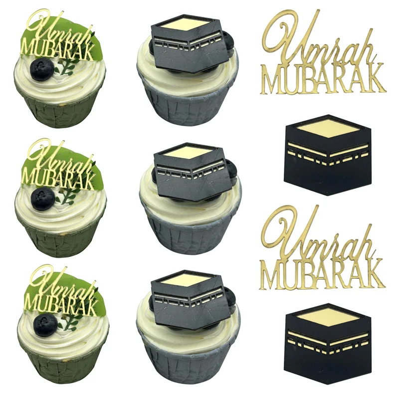 6 Stück Schwarz-Gold Acryl Umrah Mubarak Cupcake-Topper für Zuhause 2026 Muslimische Islamische Party Eid Al-Fitr Tisch-Kuchendekoration Zubehör