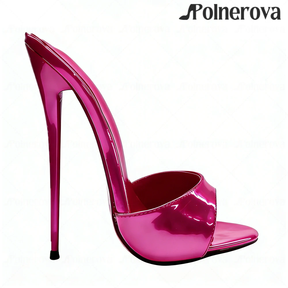 16cm Patent Leather Mules Round Open Toe Stiletto Heels Extremely Lacquered Heel Slip-On Slippers for Women Custom Multi Colors