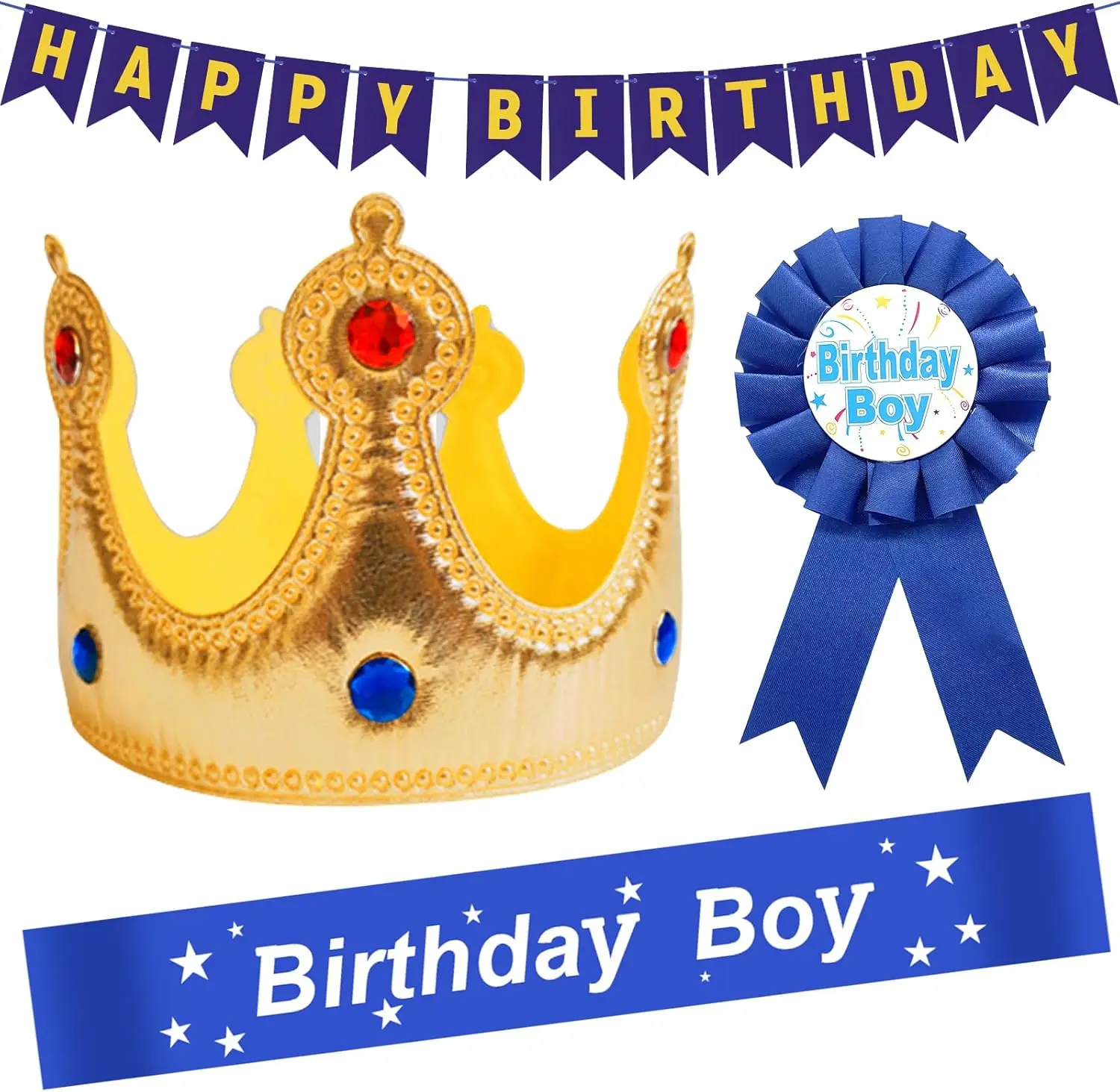 4 Pieces Birthday Boy Party Set-King Crown Sash Banner Decorations for Kids Blue Theme Dress Supplies Photo Props role-playing