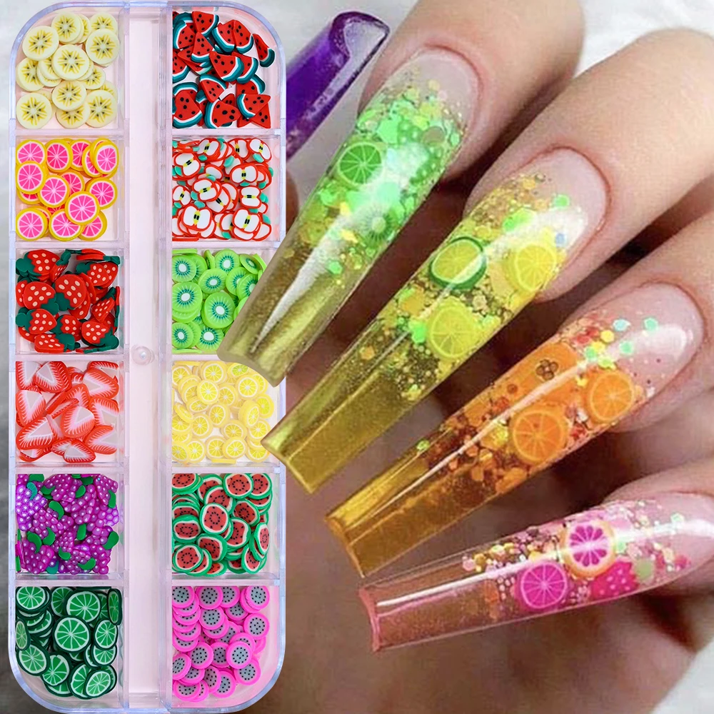 12Grids 3D Cartoon Fruit Slices Nail Art Decorations Soft Clay Watermelon,Strawberry,Lemon Slice Nail Charms Manicure Accesories