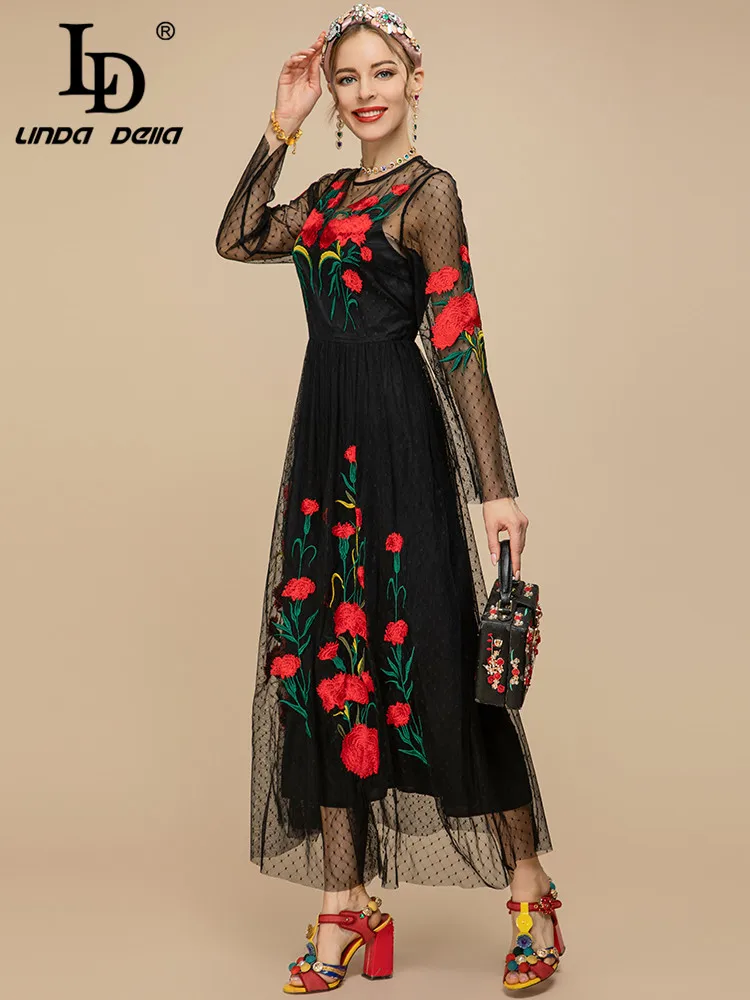 Imagem -04 - Linda Della-vestido Midi para Mulheres Vestido Midi de Manga Comprida com Bordados de Flores Malha Preta Vestido de Festa Vintage Verão 2023 ld