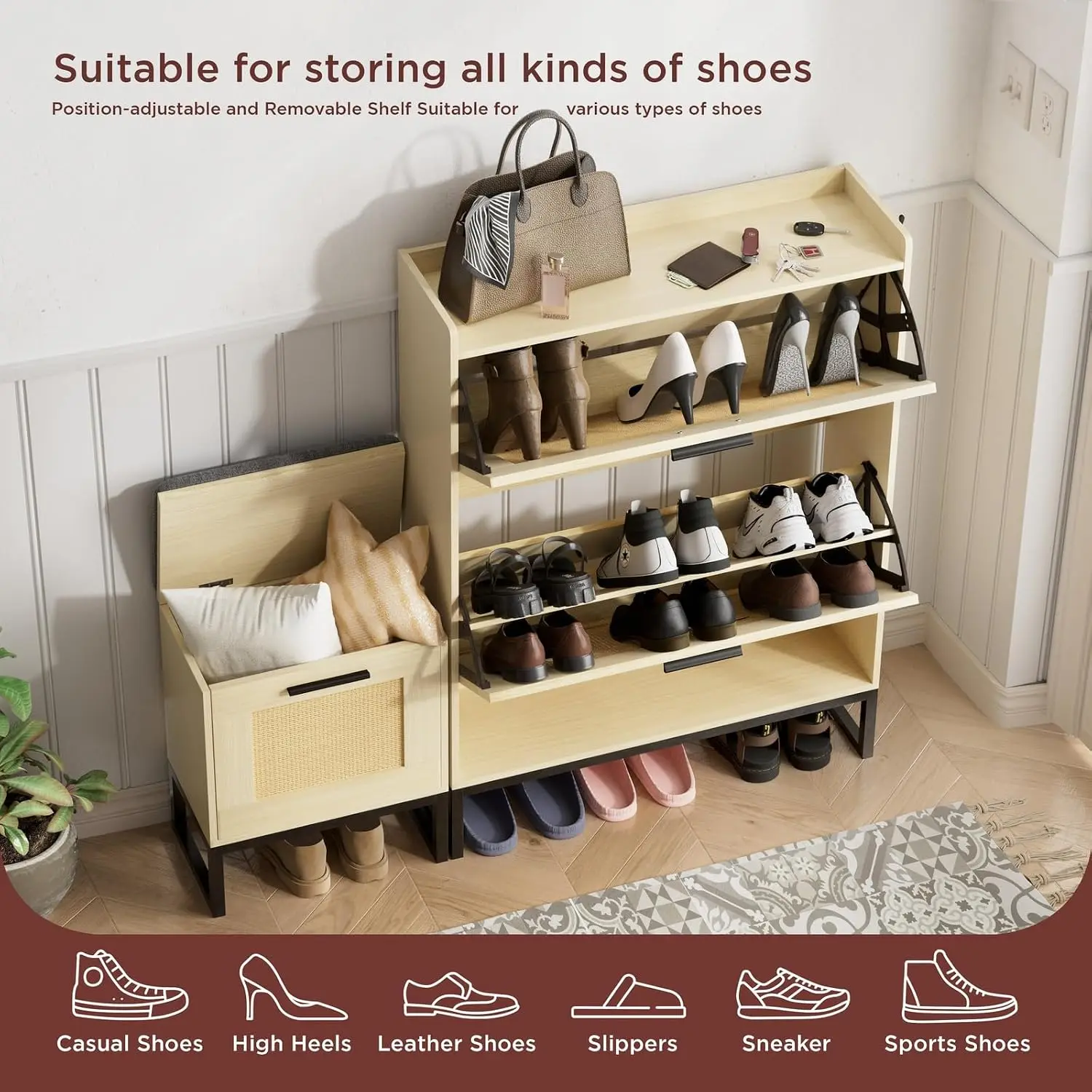 Rattan Shoe Cabinet Bench 2 Flip Drawers Slim Oak Entryway Hallway Storage, Customized