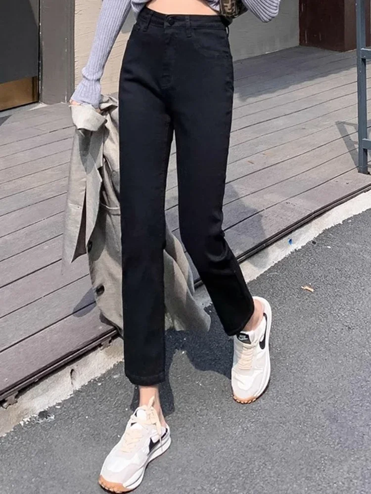 All-match High Waist Drainpipe Jeans Casual Women Narrow Straight Leg Pants Girls Blue Gray Black Gray Denim Trousers Size S-3XL