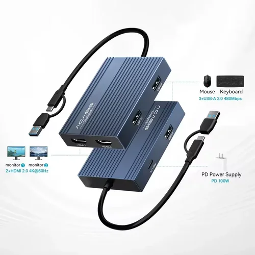 Imagen 2 del producto Estación de acoplamiento USB-C Acasis 6 en 1 con DisplayLink, compatible con carga dual 4K@60Hz, 100W PD para MacBook Pro/Air