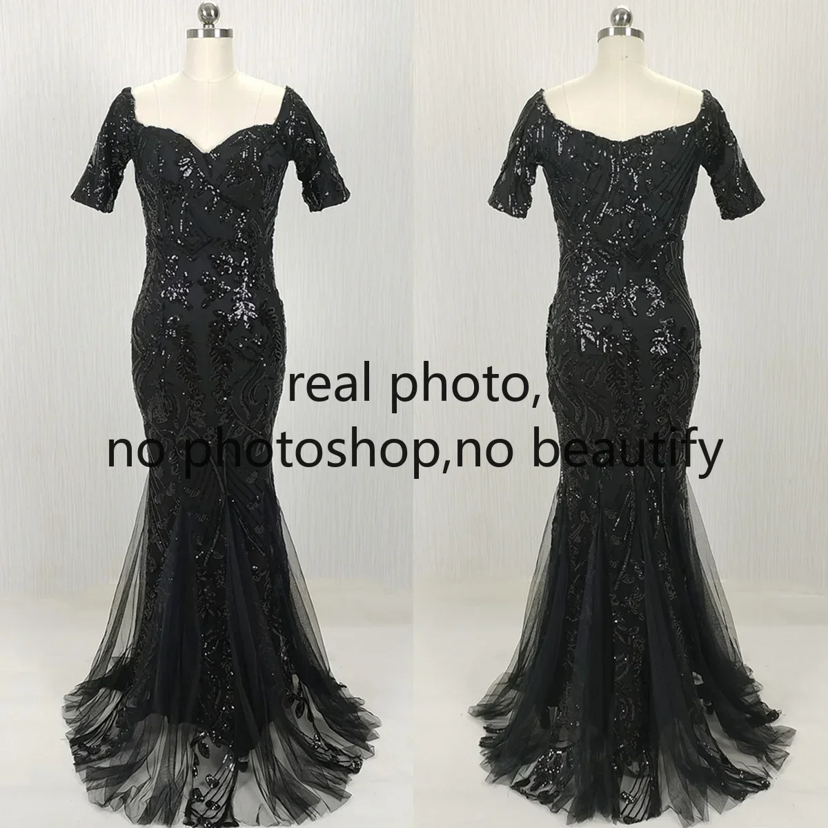 

Customized Real Photo Evening Dress Black Sequins Off the Shoulder Mermaid Floor Length Plus size Woman Party Formal Gown YE122