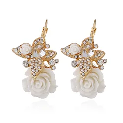 Europe and America Vintage Resin Epoxy Resin Flower Earrings Exquisite Rhinestone Butterfly Earrings Fashion Women's Jewelry