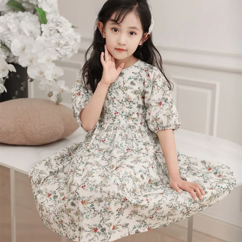 

2023 Fashion Summer Girl Party Dress Princess Flower Dress Children Puff Sleeves Dresses Teenager Girl Luxury Clothing