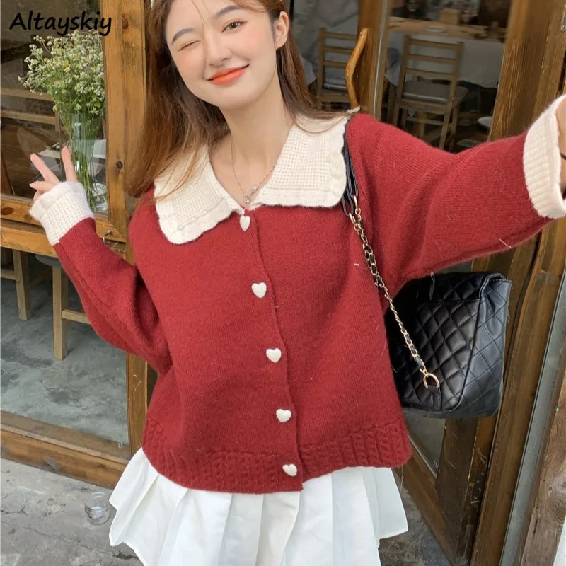 Cardigans Women Autumn Lovely Girls College Peter Pan Collar Panelled Button Design Casual Simple Korean Style Sweater Womens