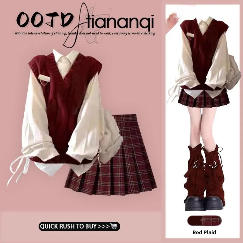 

Anti-Aging Autumn Winter Knitted Vest Set Women's College Style Shirt Underwear Christmas Atmosphere Red Pleated Skirt