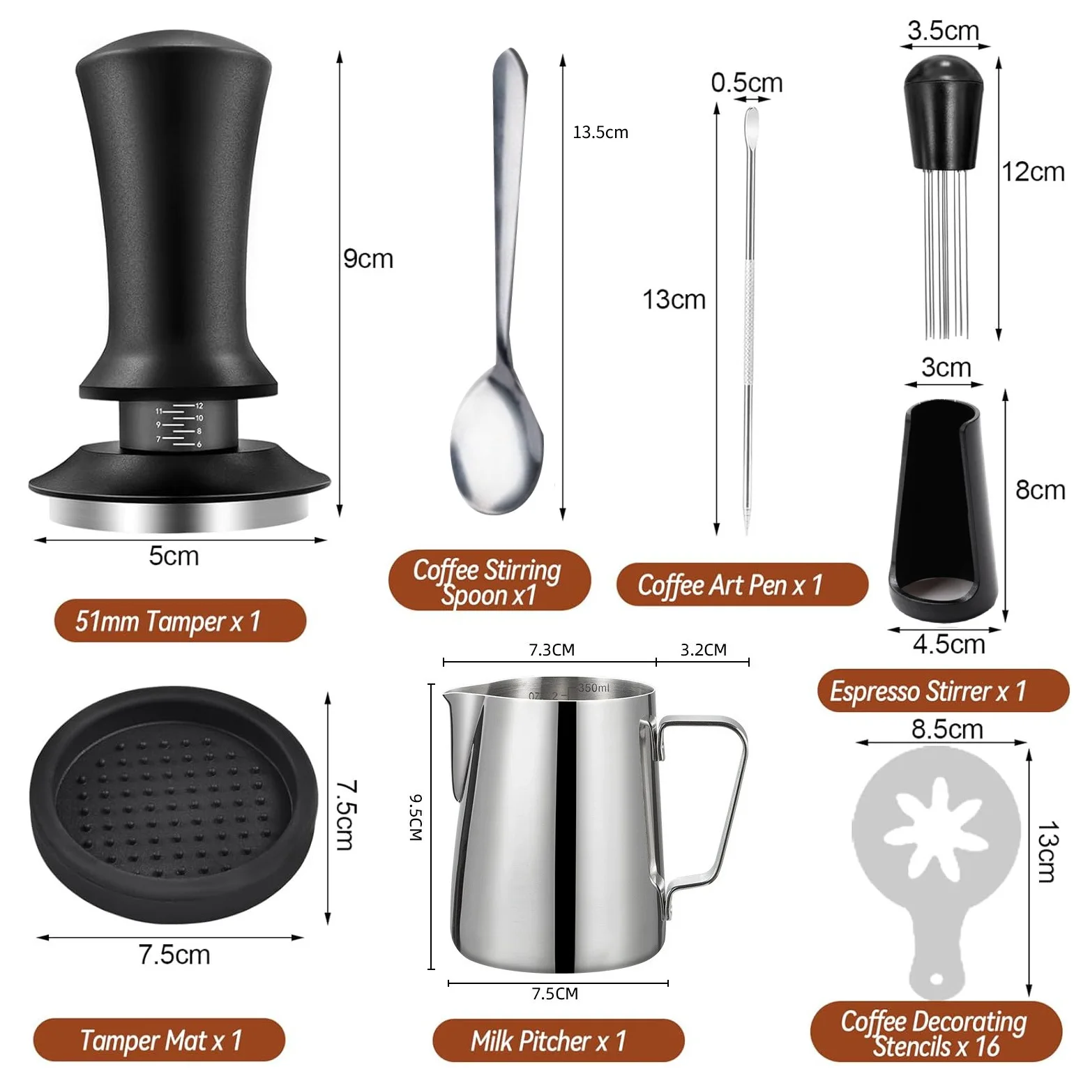 Graduated 304 Stainless Latte Art Cup Adjustable Press Tamper Distributor Coffee Bar Tool Set