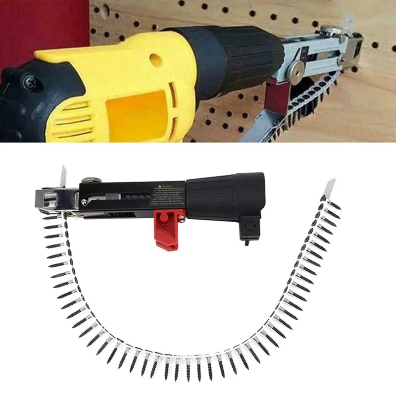 Bor listrik dengan obeng hitam, adaptor pistol paku rantai otomatis, peralatan pengencang sekrup dipasang di bor listrik