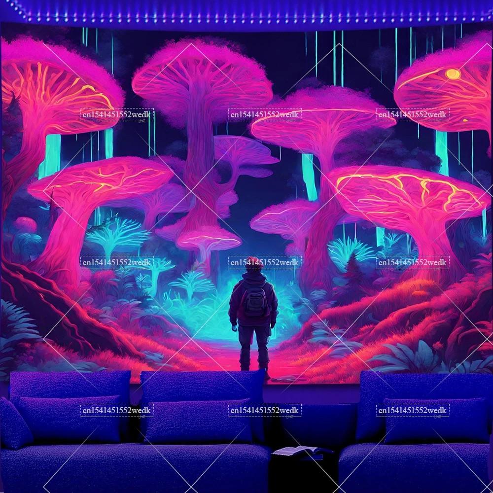Forest Trees Blacklight Tapestry UV Reactive Mushroom Man Black Light Tapestrys Glow In The Dark Aesthetic Neon Party Backdrops
