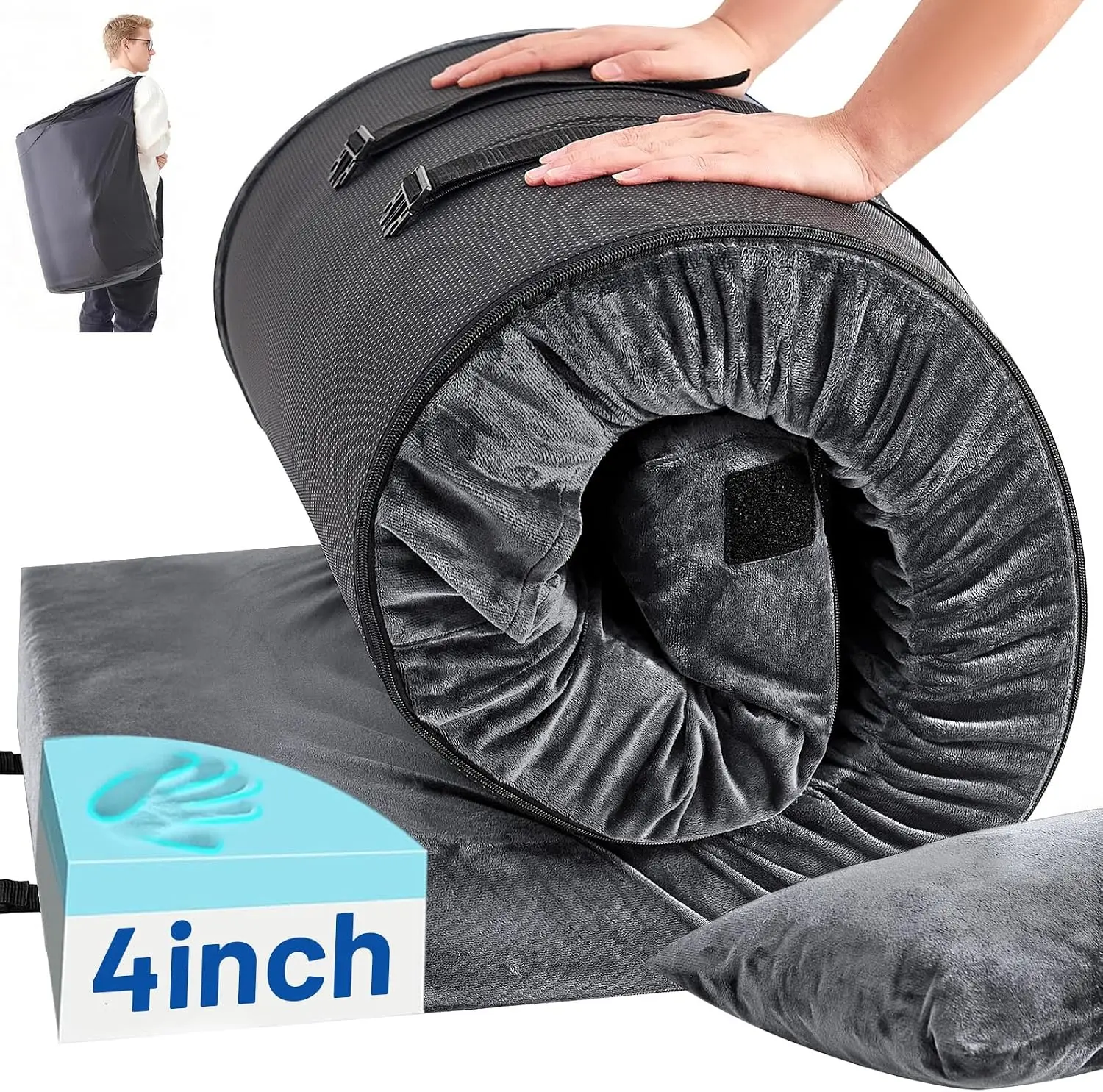 Memory Foam Camping Mattress Pad with Pillow - Extra Thick 4 Inch Sleeping Pad for Camping, Waterproof Roll Up Cot Mattress Topp