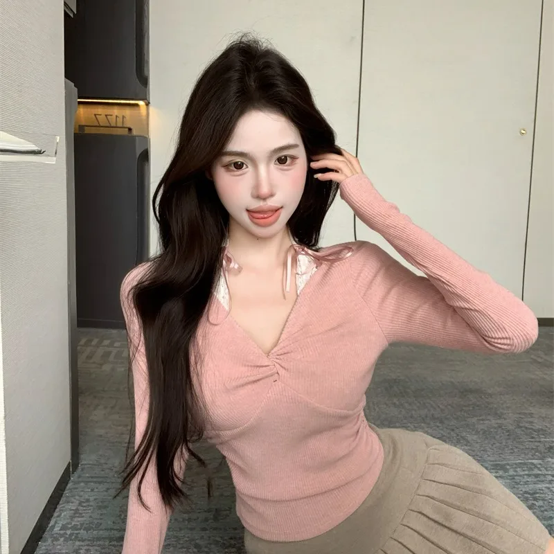 

Spring Pure Desire Slim Fit Long Sve T-irt Lace oulder Bared Base Layer Top Women's Faion Casual Cotton Polyester