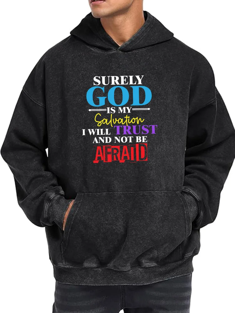 Surely God Is My Salvation Men's Vintage Washed Graphic Hoodie Retro Distressed Pullover Streetwear Casual Sweatshirt