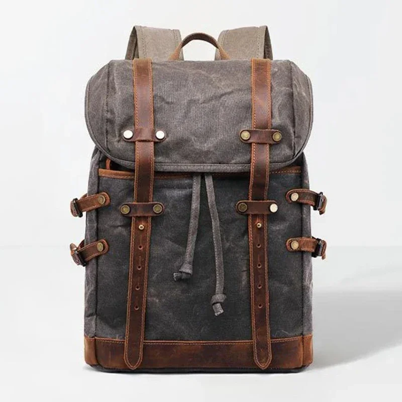 15.6 Inch Vintage Canvas Backpack For Men 30 L New Oil Waxed Canvas Hiking Travel Outdoor Backpack Crazy Horse Leather Backpack