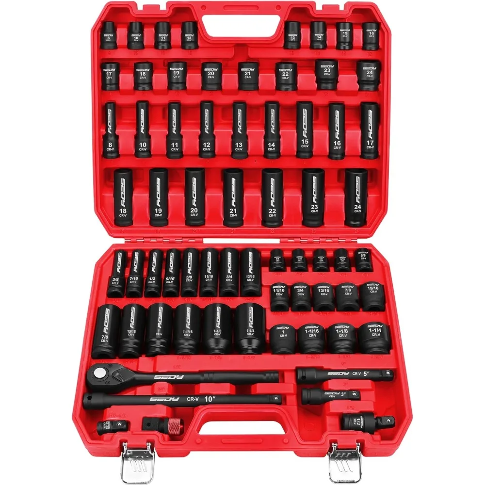

Master 1/2 Inch Drive Impact Socket Set 67PC Standard Deep SAE Metric 3/8-1-1/4 8-24mm with Ratchet Extension Bar Reducer