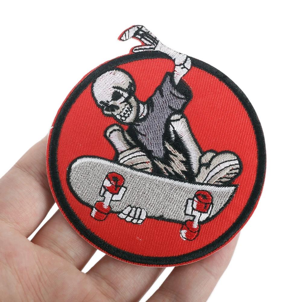 Skeleton Skateboard Embroidery Patch Red Circle Badge Iron-On Heat Transfer Patches Sewing Applique Sticker for Clothes Shoe Hat