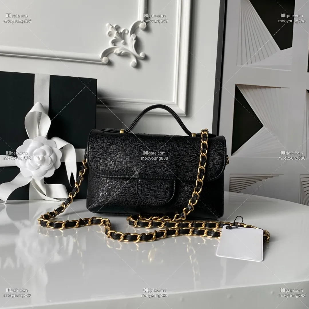 

Luxury Genuine Leather Quilted Top Handle Handbags for Women 19.5cm Black Designer Shoulder Bag Crossbody Chain Purse with Box