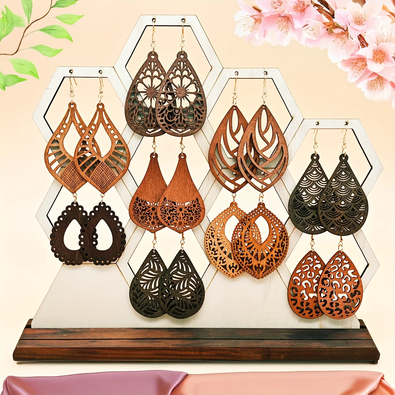 9 Paar/Set ausgeschnittene, tropfenförmige Holzohrringe aus Holz, schlicht, böhmischer Retro-Urlaubsstil, exquisites Geschenk für Frauen