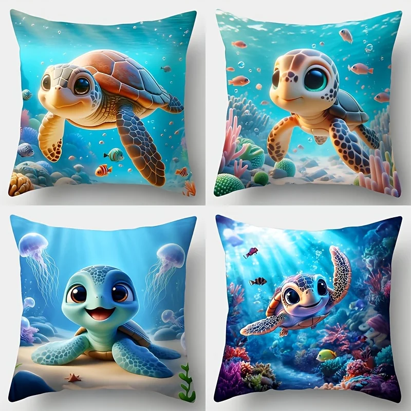 Conjunto de 4 piezas, funda para almohada de sofá, funda con diseño de tortuga azul, 44.96 cm * 44.96 cm, impresión en un solo l