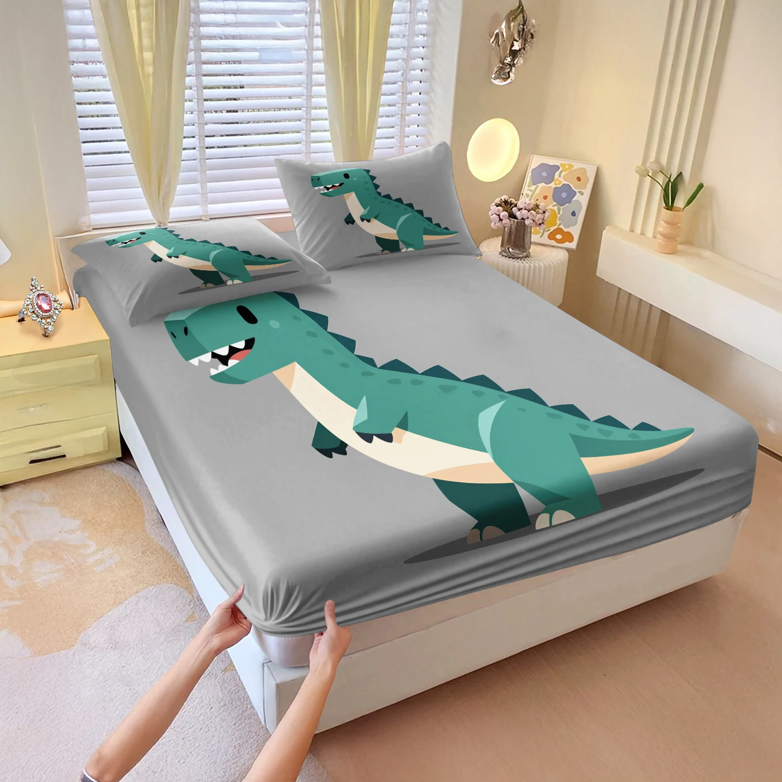 漫画風の緑色の恐竜柄のシーツセット。グレーのベースにティラノ - Fitted Bed Sheets Deep Pocket のレビューと価格