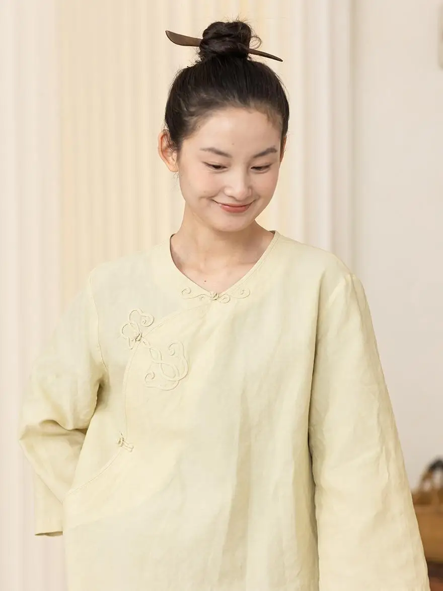 

Eastern Aesthetic Bule Silk Linen irt Loose Fit Long Sve round Ne Pure Color W090 by DaZhuo