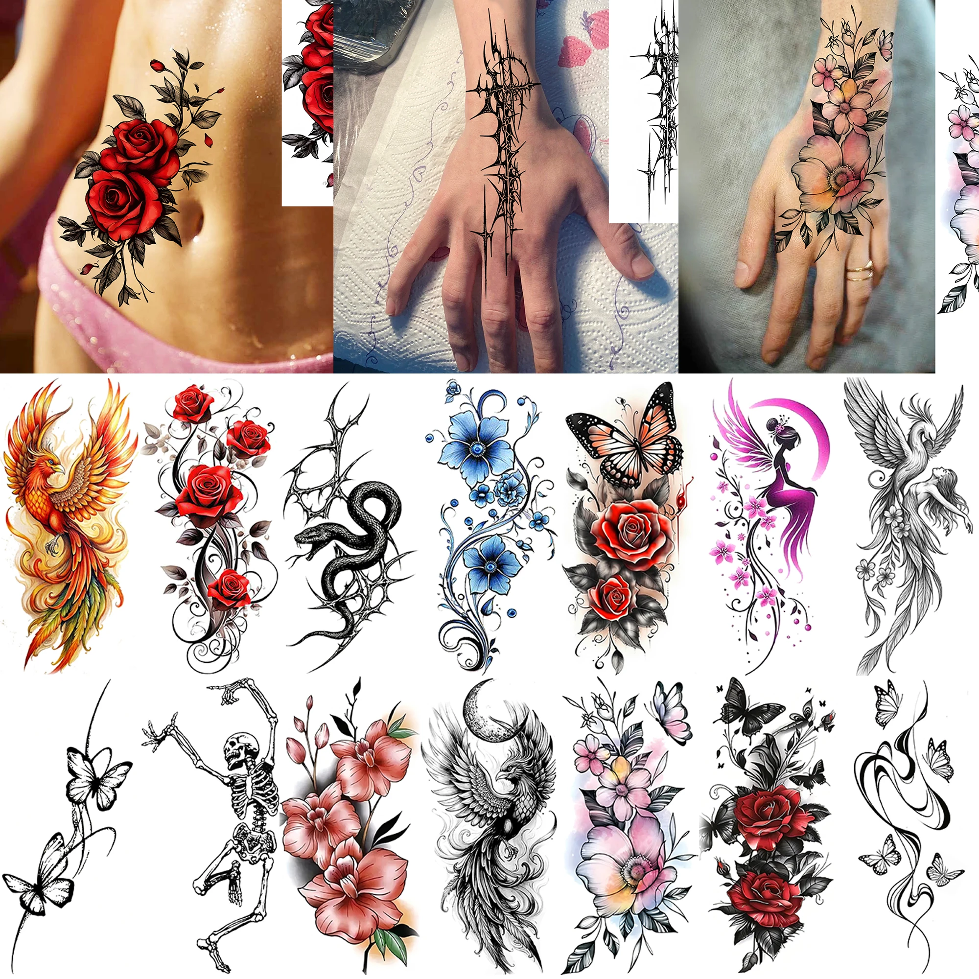 

1 Sheet Sexy Rose Phoenix Skeleton Temporary Tattoo For Adult Hand Waist, Realistic Waterproof Long Lasting Fake Tatoo Stickers