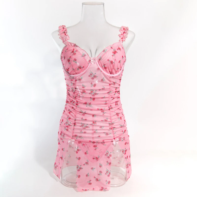 

Bikini lingerie pink printed Valentine's Day camisole nightdress uniform temptation thong set