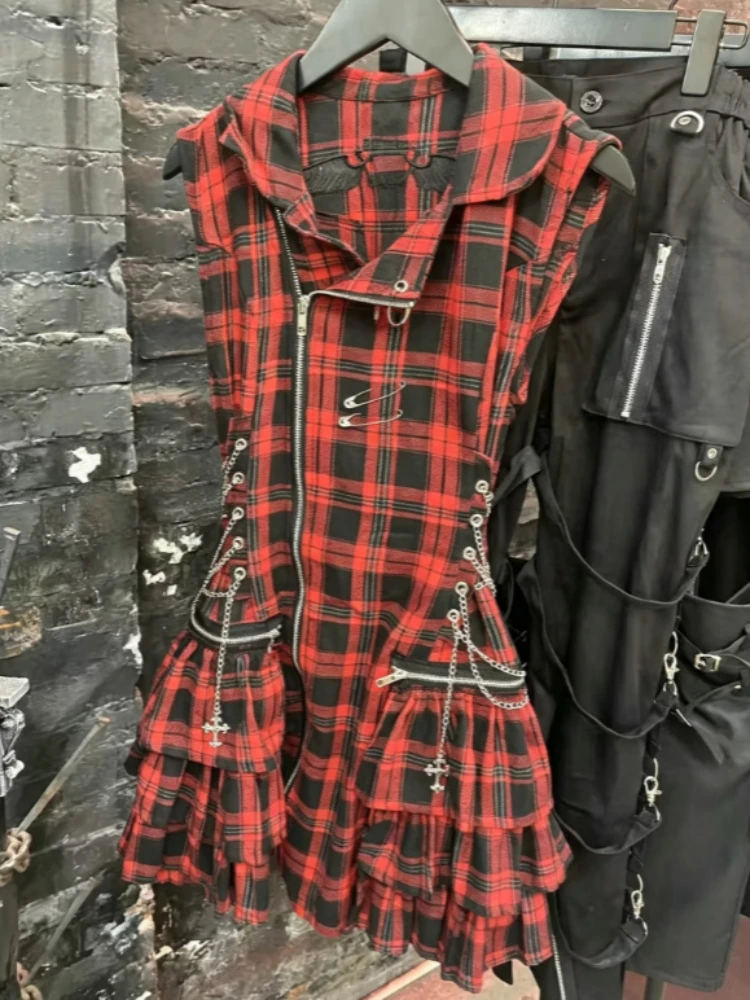Gothic Y2K Ärmelloses Minikleid Amerikanisches Vintage-Outfit Dunkler Subkultur-Stil Koreanische Mode Schmal Geschnittenes Party-Club-Kurzkleid