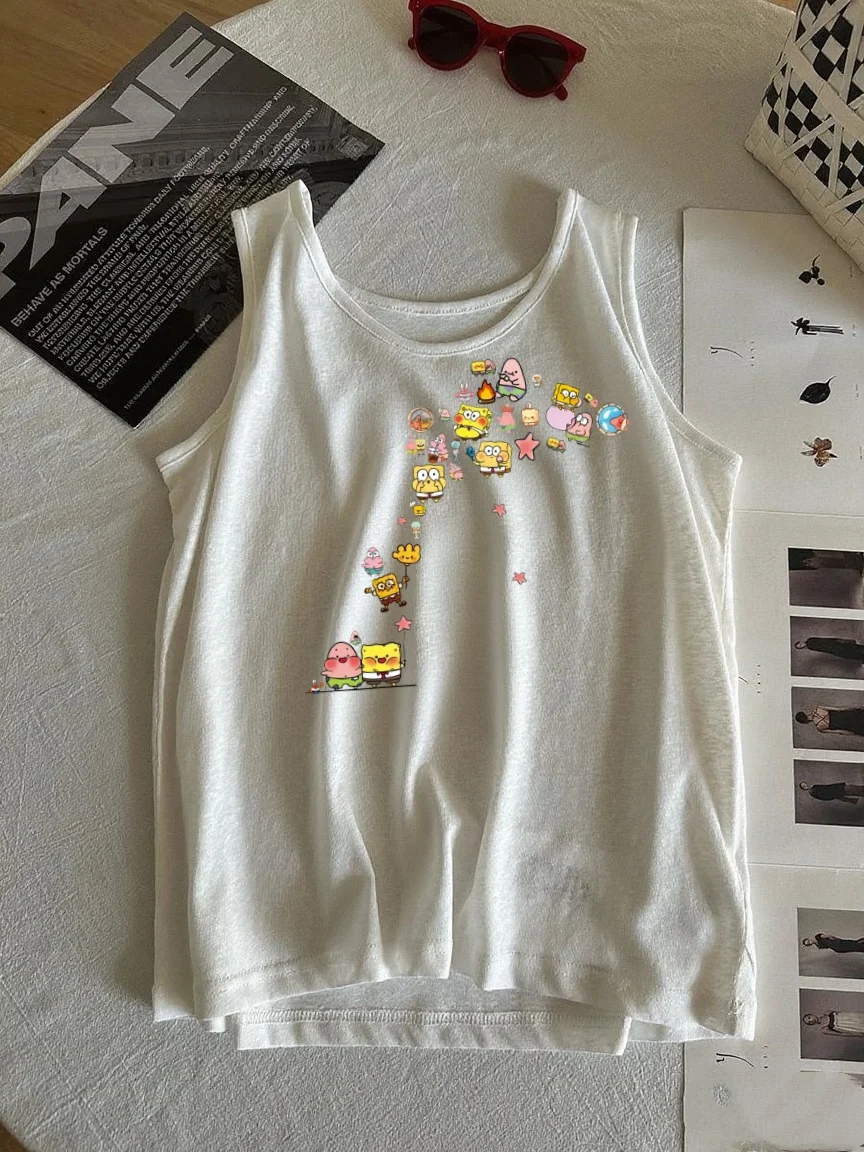 เสื้อกล้ามผ้าฝ้ายพิมพ์ลายเนื้อผ้าลินินสำหรับผู้หญิง ใส่สบาย ระบายอากาศได้ดี เหมาะสำหรับฤดูร้อน ทรงเข้ารูป บางเบา สไตล์ลำลอง